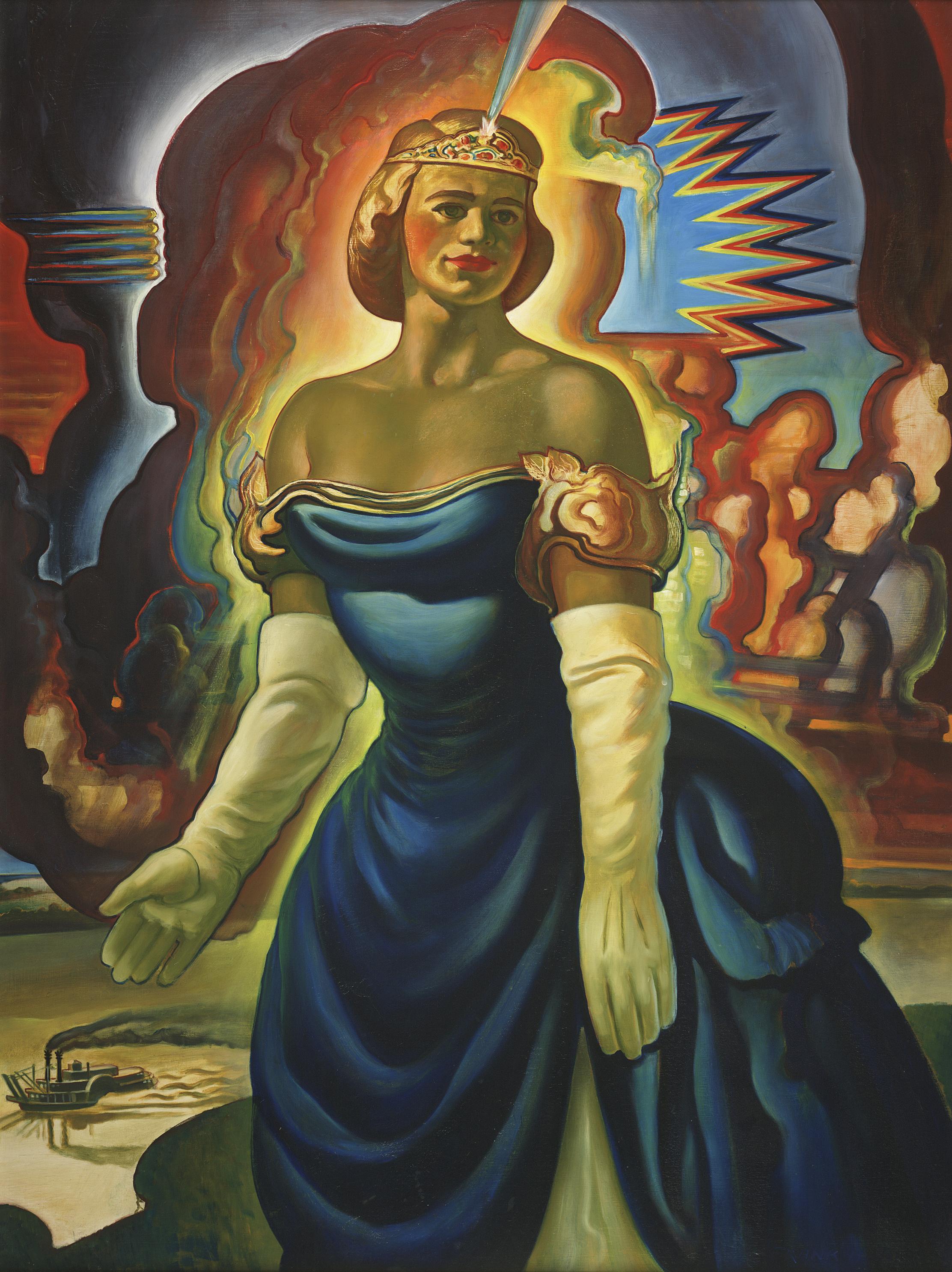 Peinture à l'huile sur panneau intitulée « Miss St. Louis », de Frank Judge, vers 1940