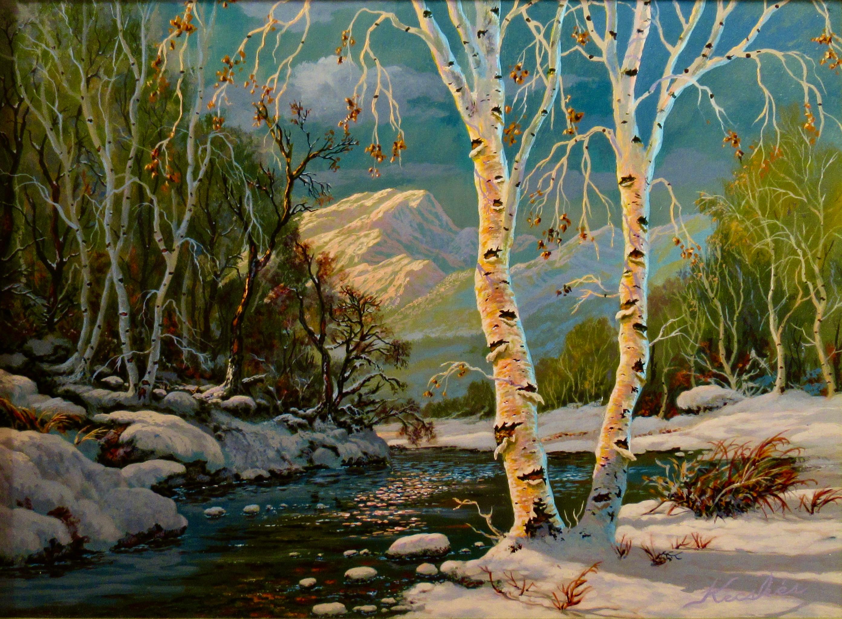 Tamaracks im Winter – Painting von Frank Kecskes Jr