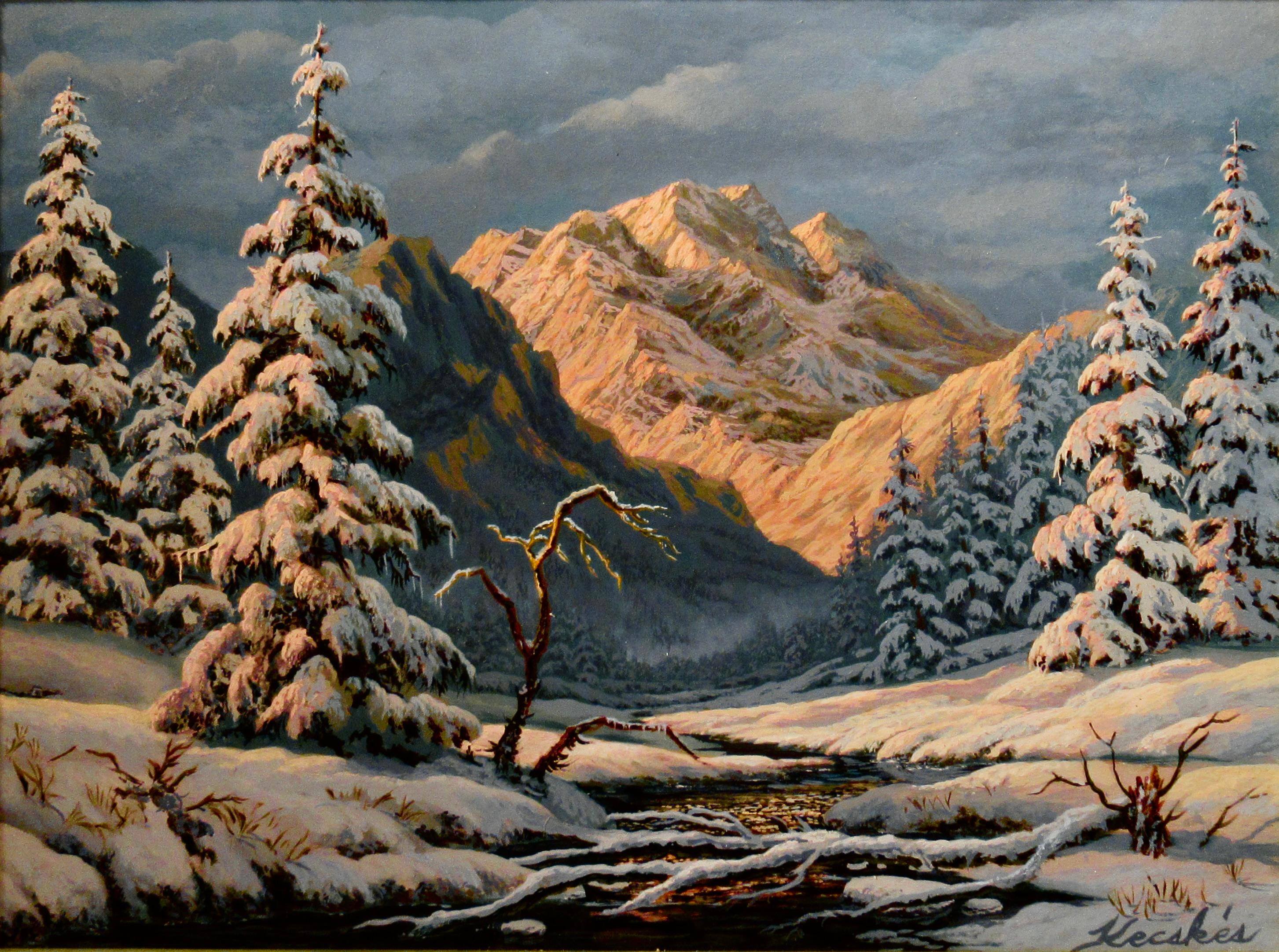 Wintersonnenuntergang – Painting von Frank Kecskes Jr
