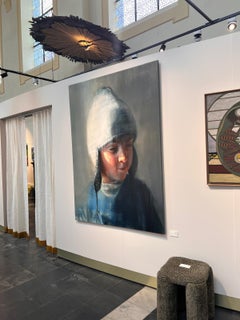 Oil on canvas portrait painting of my son, called 'Skull Cap'