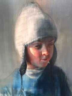Oil on canvas portrait painting of my son, called 'Skull Cap'
