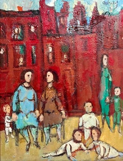 Metà secolo Madri, figli Pittura a olio Frank Kleinholz WPA Era NYC Tenements