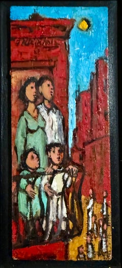 Mid Century Oil Painting Family on Fire Escape Frank Kleinholz WPA NYC Tenements