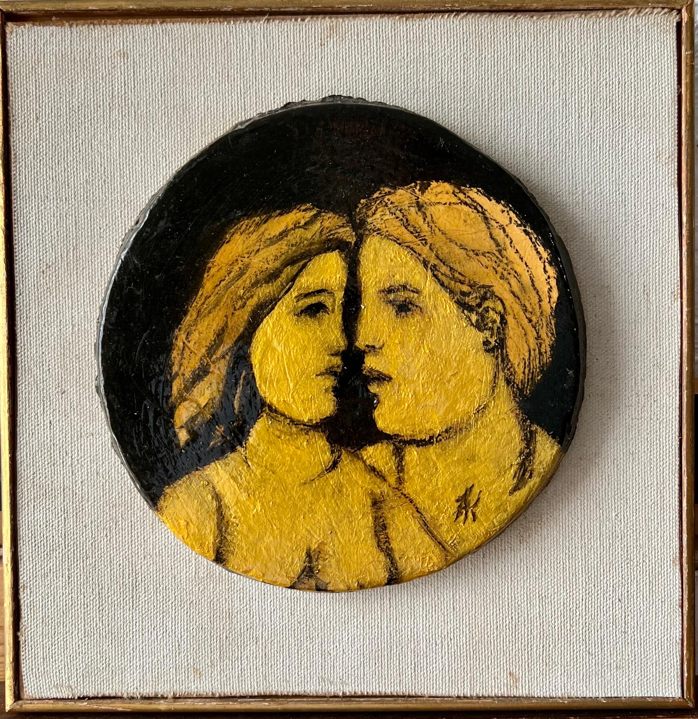 Frank Kleinholz (Brooklyn, 1901 - 1987)
Lovers 
Ceramic unique glazed miniature sculptural plaque with gold leaf or foil under the glaze.
Initialled recto and hand signed verso with a self portrait drawing.
Framed measures 8.75 X 8.75 inches, Plaque