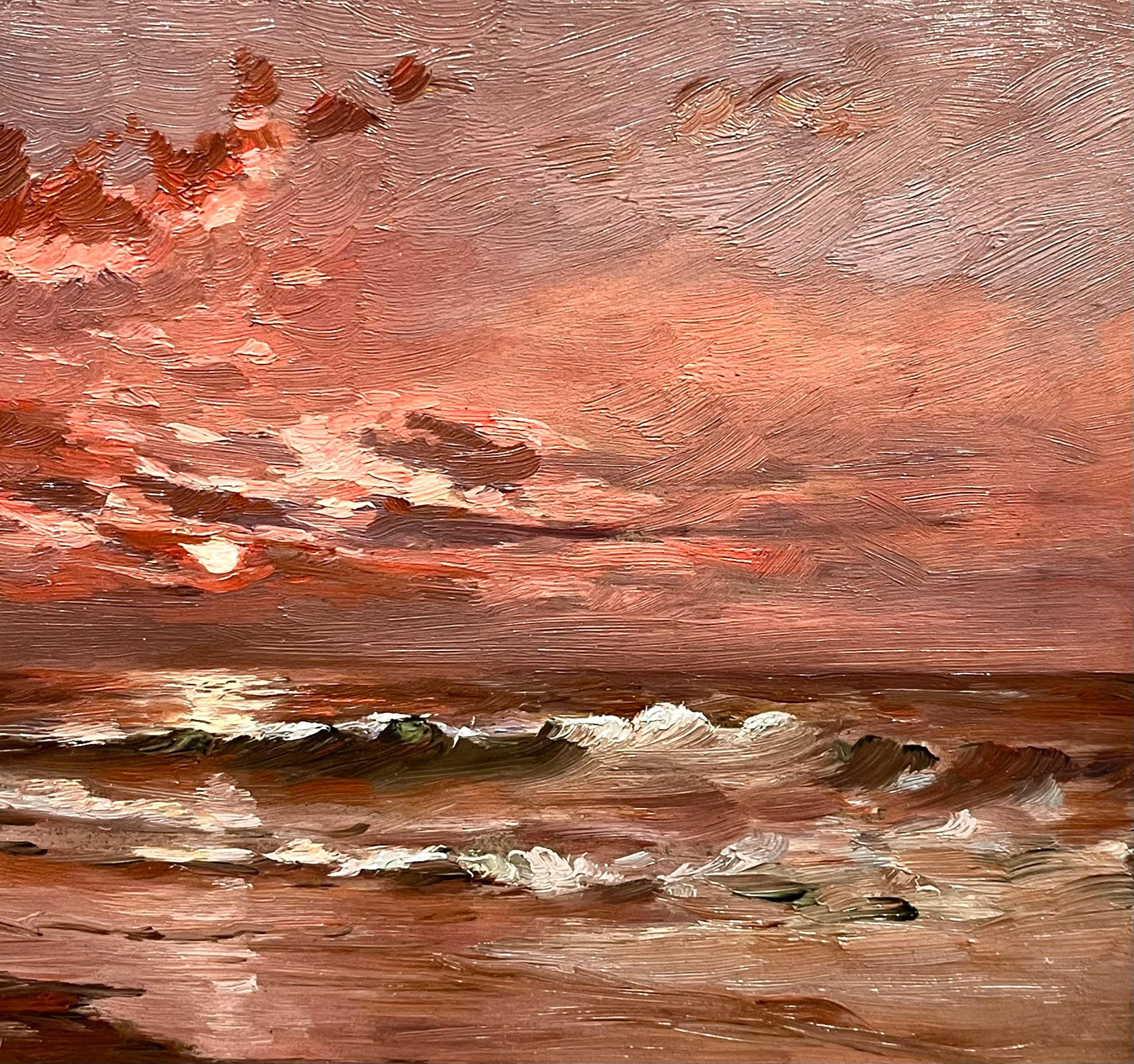 Karminrote See bei Sonnenuntergang (Braun), Landscape Painting, von Frank Knox Morton Rehn