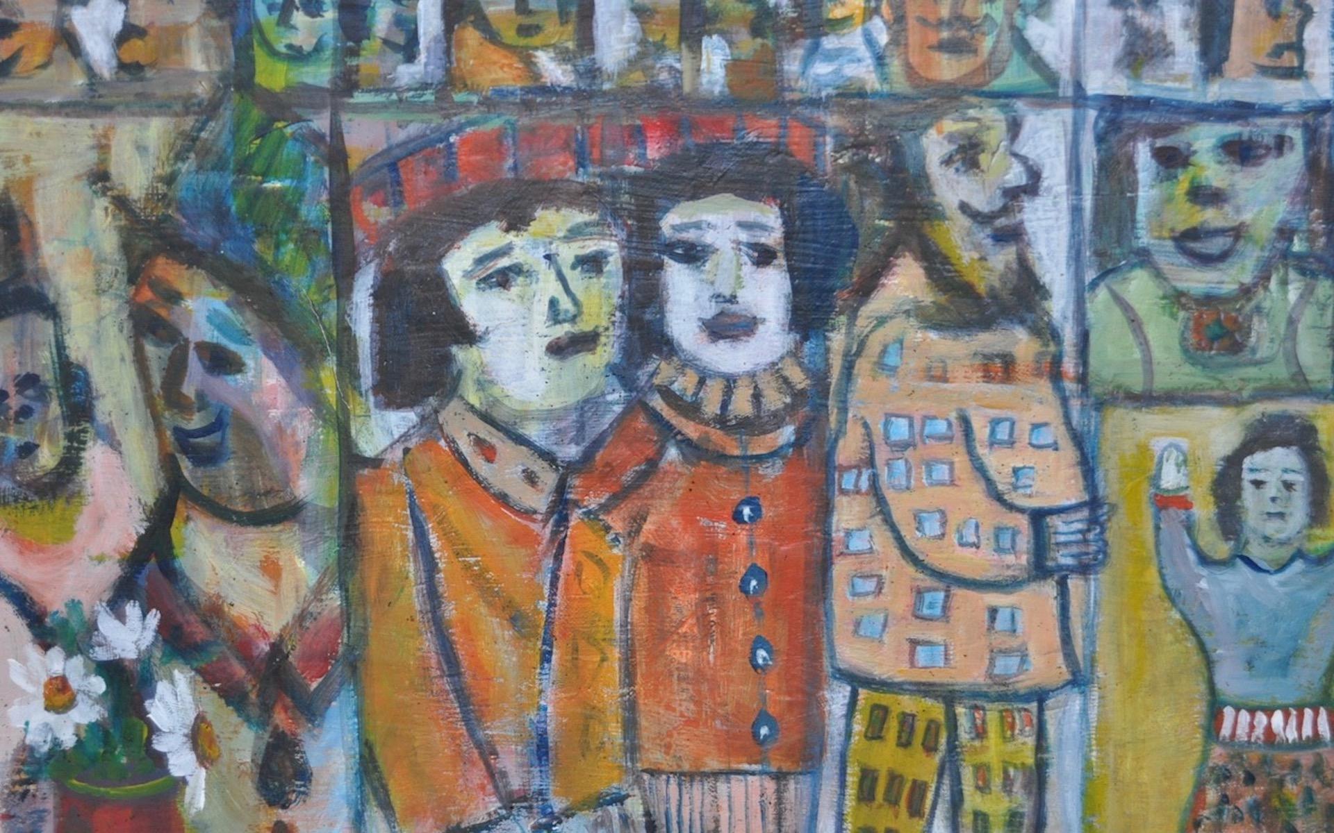 Frank Koci (1904-1983) Abstract w/ Colorful Figures & Faces Oil Painting c.1950 3
