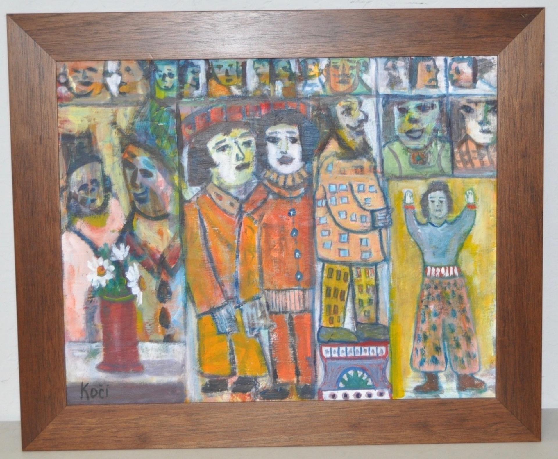 Frank Koci (1904-1983) Abstract w/ Colorful Figures & Faces Oil Painting c.1950