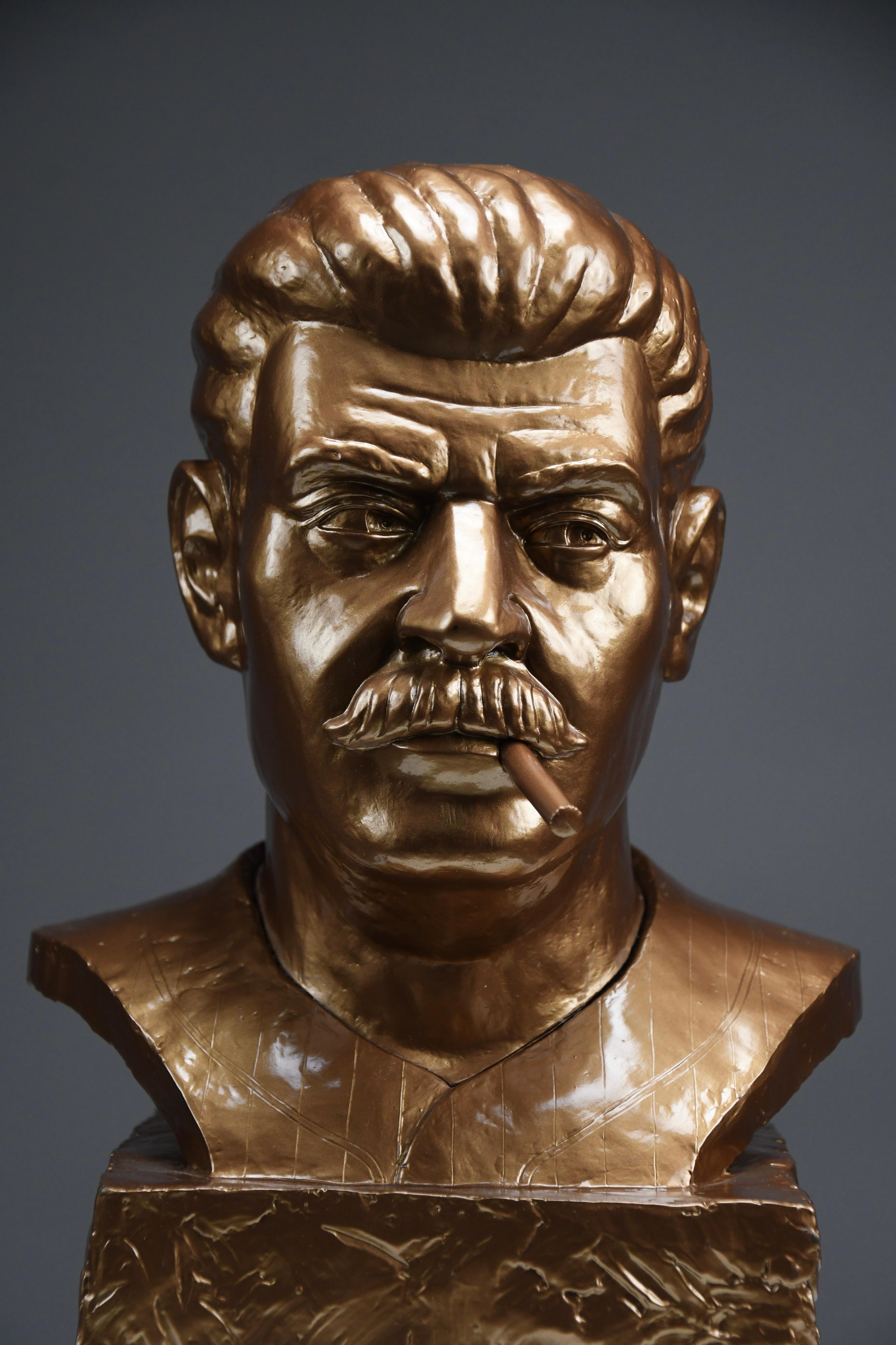 Contemporary Art Toy by Frank Kozik x Kidrobot “Smokin’ Joe Stalin” Bronze Bust, 2007 For Sale
