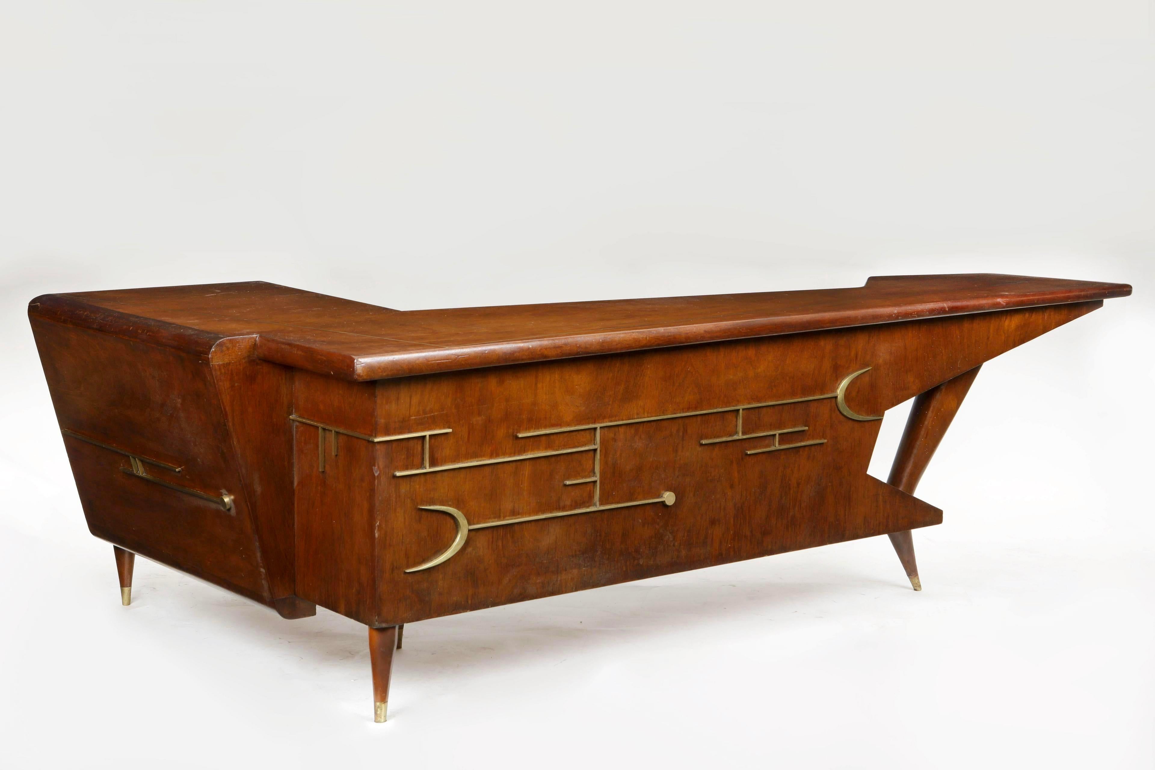 Mexican Frank Kyle 1950s Mid Century Rosewood Desk / Dry Bar with Brass Details