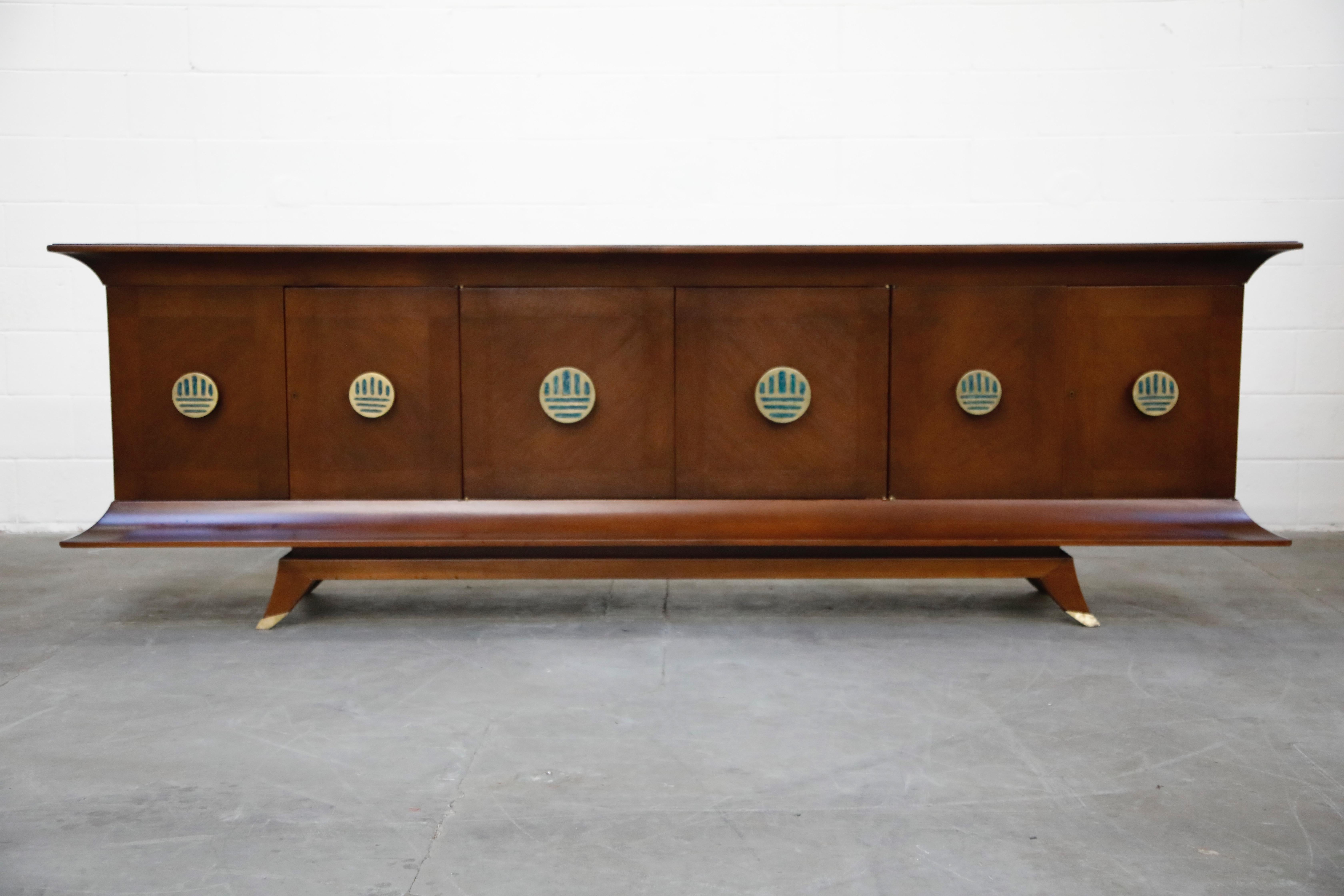 This incredible Frank Kyle 'Pagoda' Mexican Modern credenza with large Pepe Mendoza solid brass and malachite handles was design and created in the 1950s and fully restored in late 2019. The six large Pepe Mendoza solid brass and malachite door