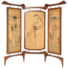 Vintage Frank Kyle Extraordinary 3-Panel Screen with Japanese Motif, 1950s