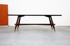 Frank Kyle Mexican Modern Mahogany and Brass Inlay Trestle Base Dining Table