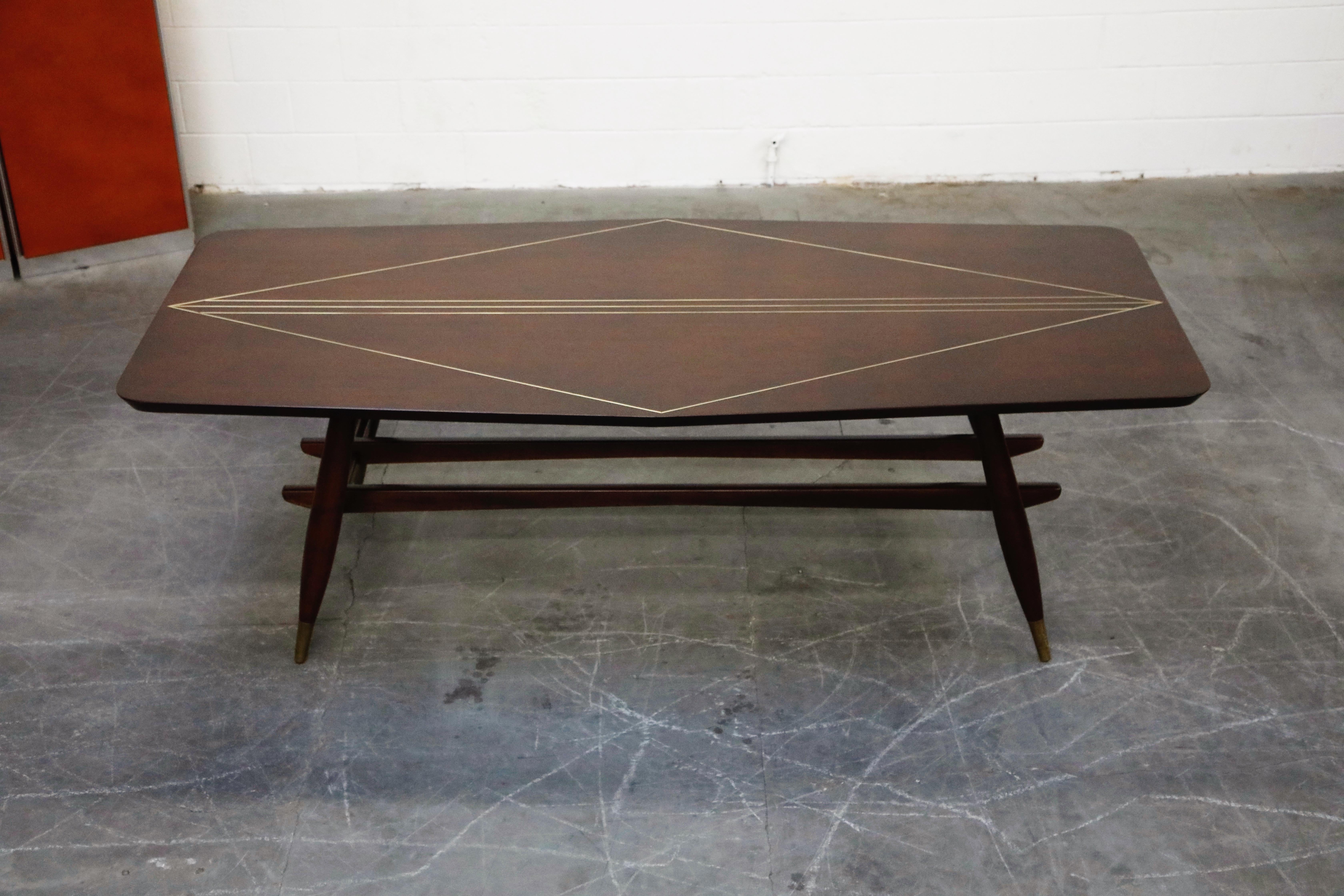 Mid-Century Modern Frank Kyle Mexican Modern Mahogany and Brass Inlay Trestle Base Dining Table