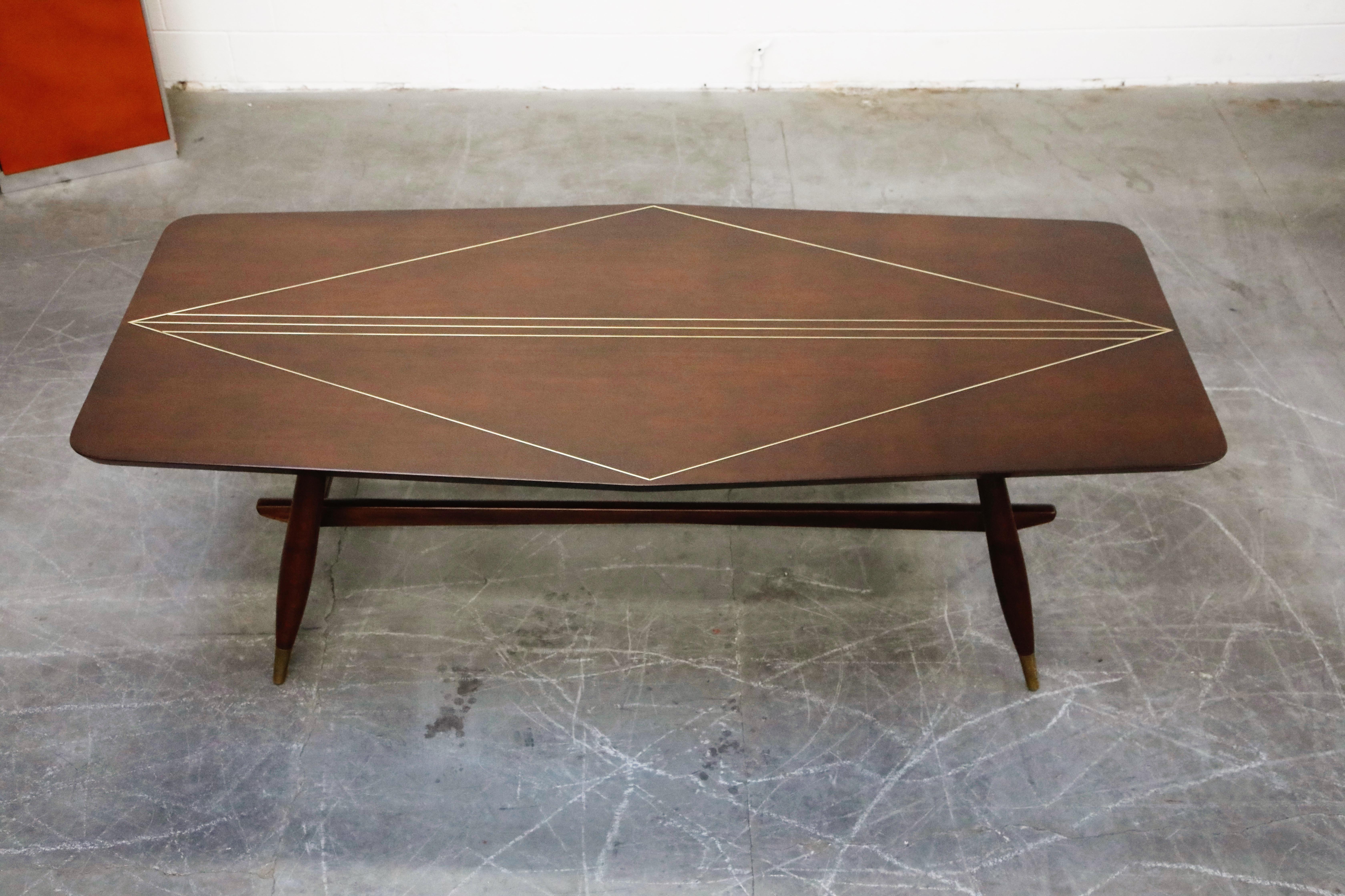 Frank Kyle Mexican Modern Mahogany and Brass Inlay Trestle Base Dining Table In Excellent Condition In Los Angeles, CA