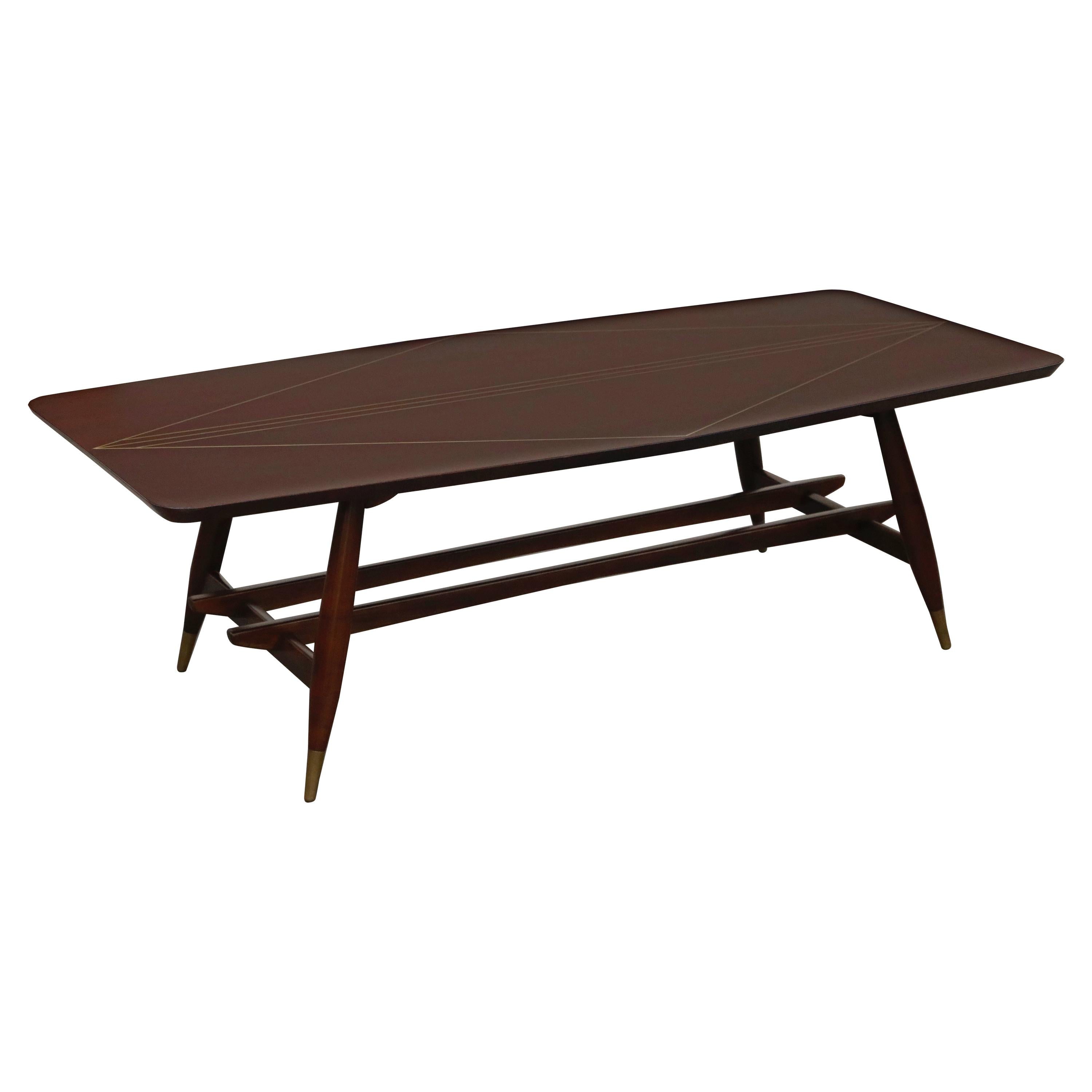 Frank Kyle Mexican Modern Mahogany and Brass Inlay Trestle Base Dining Table