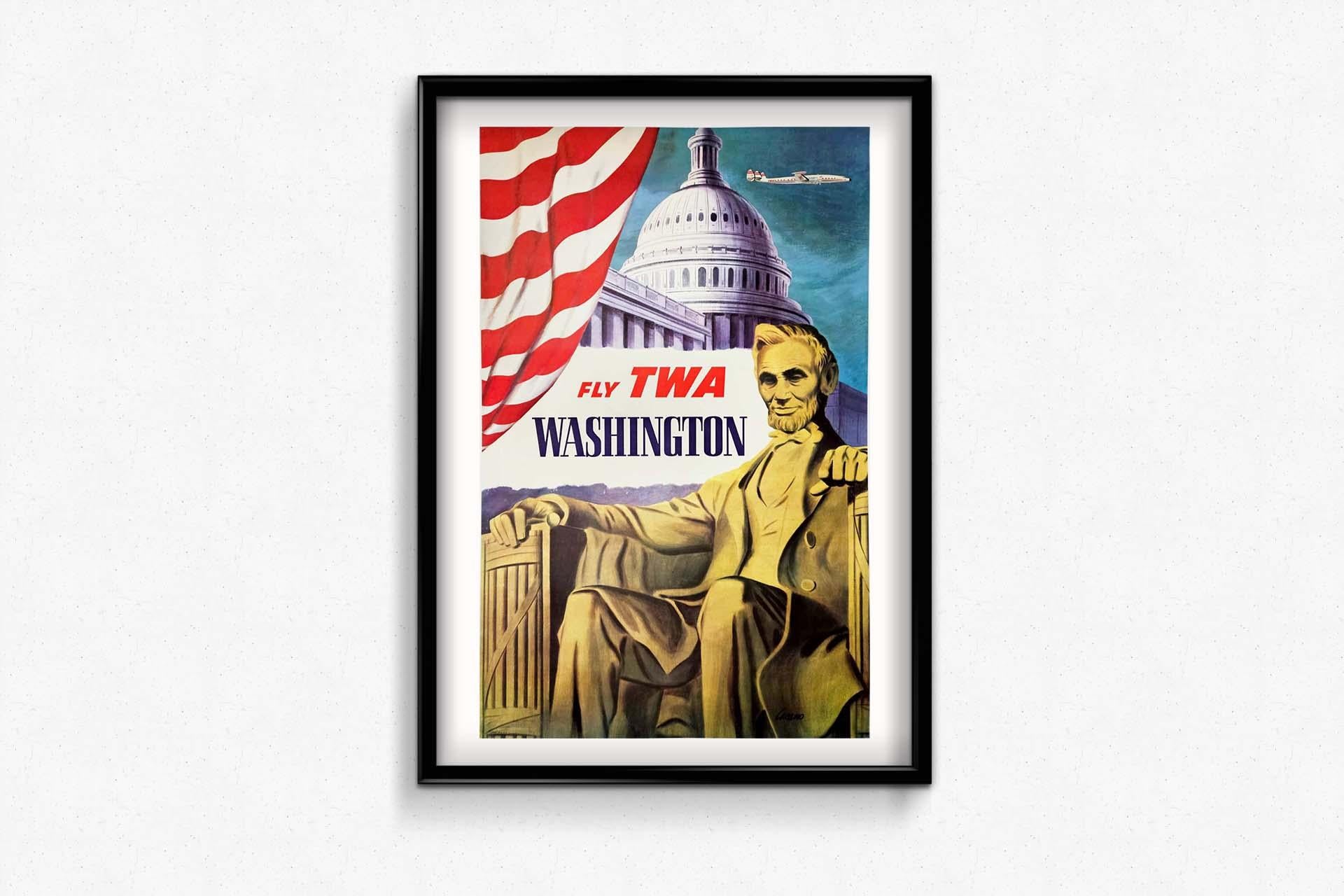 1951 Original vintage TWA travel poster for flights to Washington For Sale 1