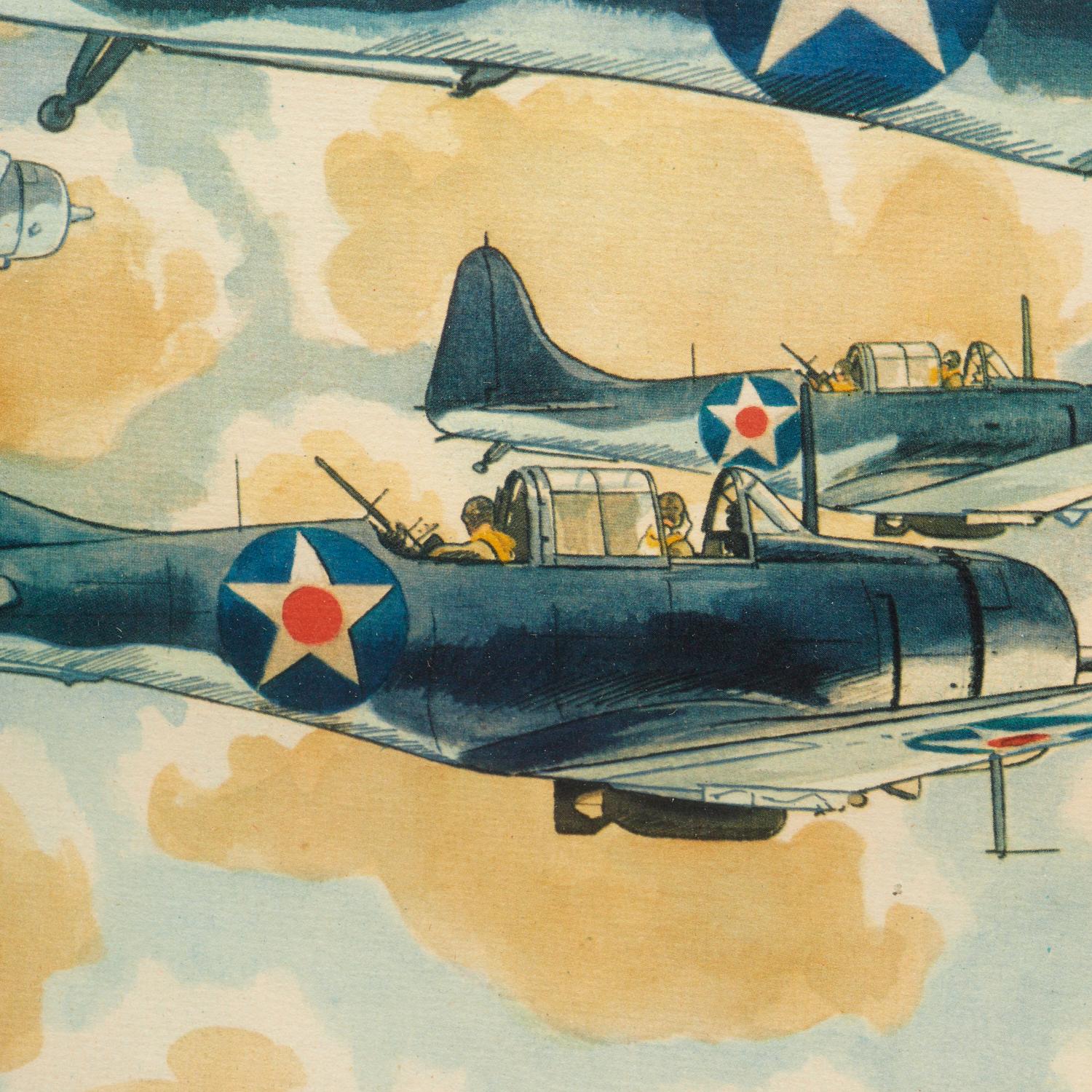 American Classical Frank Lemon, Signed WWII Offset Lithograph - Dauntless Aircraft Flying to Midway For Sale