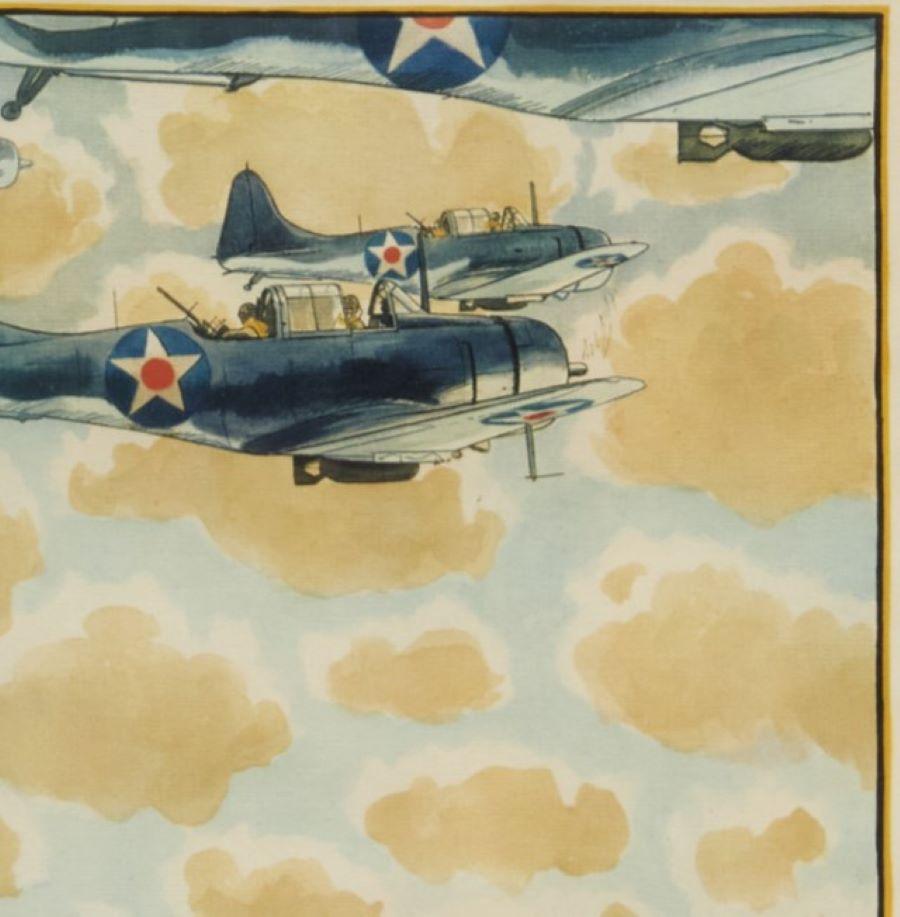 Frank Lemon, Litografía offset firmada de la Segunda Guerra Mundial - Avión Dauntless volando hacia Midway Norteamericano en venta
