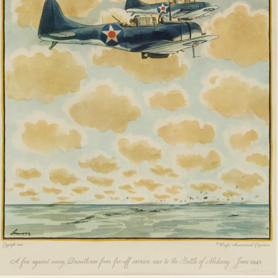 Frank Lemon, Signed WWII Offset Lithograph - Dauntless Aircraft Flying to Midway In Good Condition For Sale In Morristown, NJ