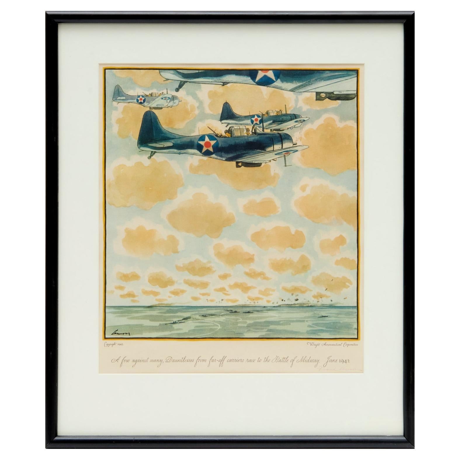 Frank Lemon, Signed WWII Offset Lithograph - Dauntless Aircraft Flying to Midway For Sale