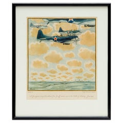 Vintage Frank Lemon, Signed WWII Offset Lithograph - Dauntless Aircraft Flying to Midway