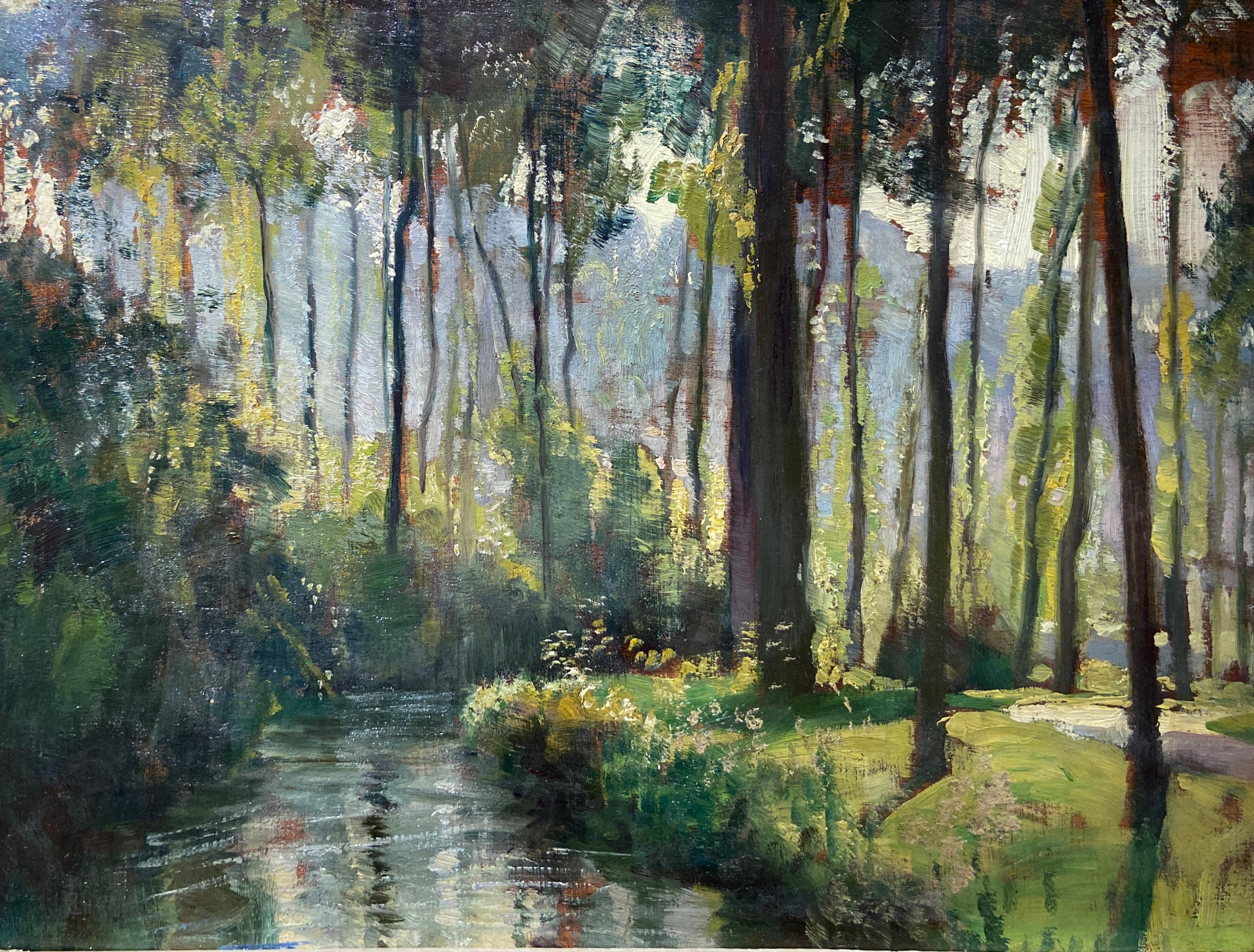 Landscape Painting de Frank Lewis Emanuel - Junto al río, Montreuil  Paisaje al óleo Siglo XX
