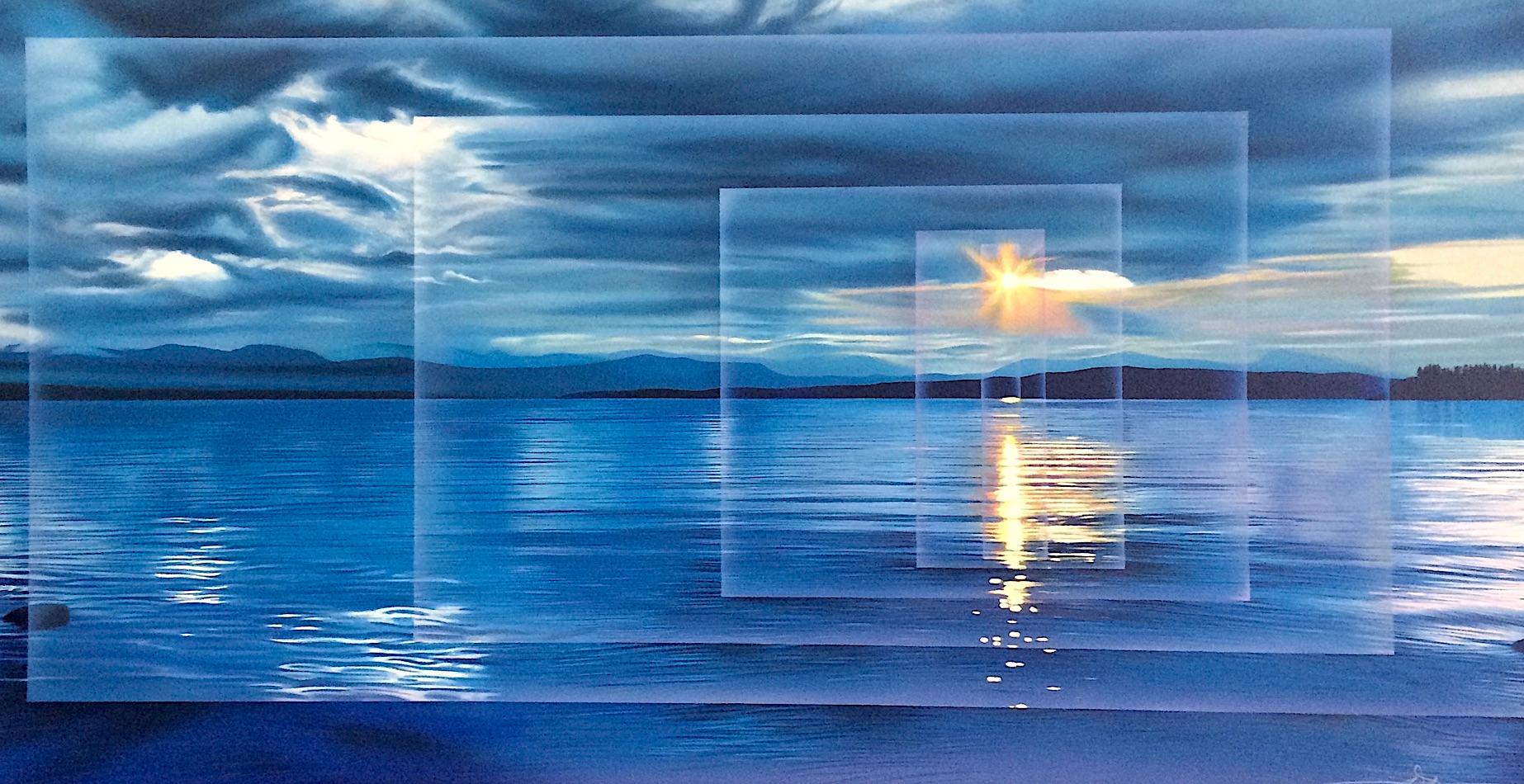 CALM Litografia firmata, paesaggio acquatico blu, tramonto, sole giallo, nuvole - Print di Frank Licsko