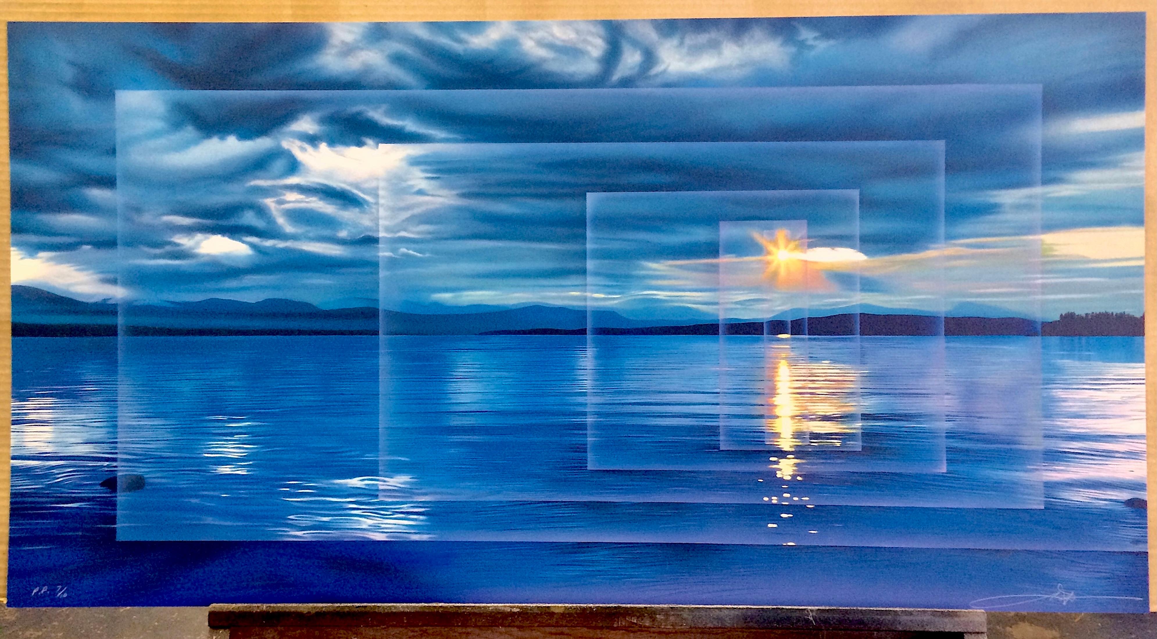 Lithographie signée CALM, paysage d'eau bleue, coucher de soleil, soleil jaune, nuages en vente 3