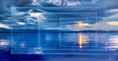 CALM Signierte Lithographie, Blaue Wasserlandschaft, Sonnenuntergang, gelbe Sonne, Wolken