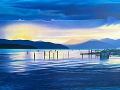 CRYSTAL CLEAR Signed Lithograph 1989, Blue Water Landscape, Sun, Boathouse, Dock