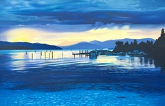 CRYSTAL CLEAR Signed Lithograph 1989, Blue Water Landscape, Sun, Boathouse, Dock