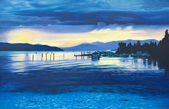 CRYSTAL CLEAR Signierte Lithographie, blaue Wasserlandschaft, Sonne, Bootshaus, Dock