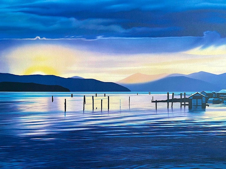 CRYSTAL CLEAR Signed Lithograph, Blue Water Twilight Landscape, Boathouse, Dock  - Print by Frank Licsko