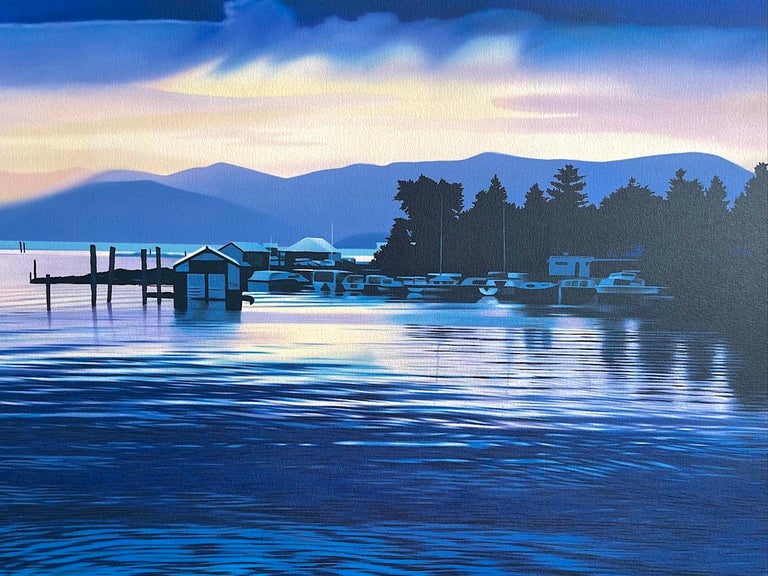 CRYSTAL CLEAR Signed Lithograph, Blue Water Twilight Landscape, Boathouse, Dock  - Contemporary Print by Frank Licsko