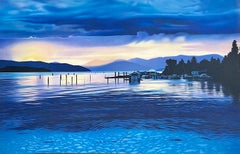CRYSTAL CLEAR Signed Lithograph, Blue Water Twilight Landscape, Boathouse, Dock 