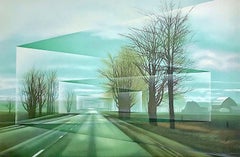 ROADS Signed Lithograph, Modern Landscape, Country Road, Trees, Farmhouse