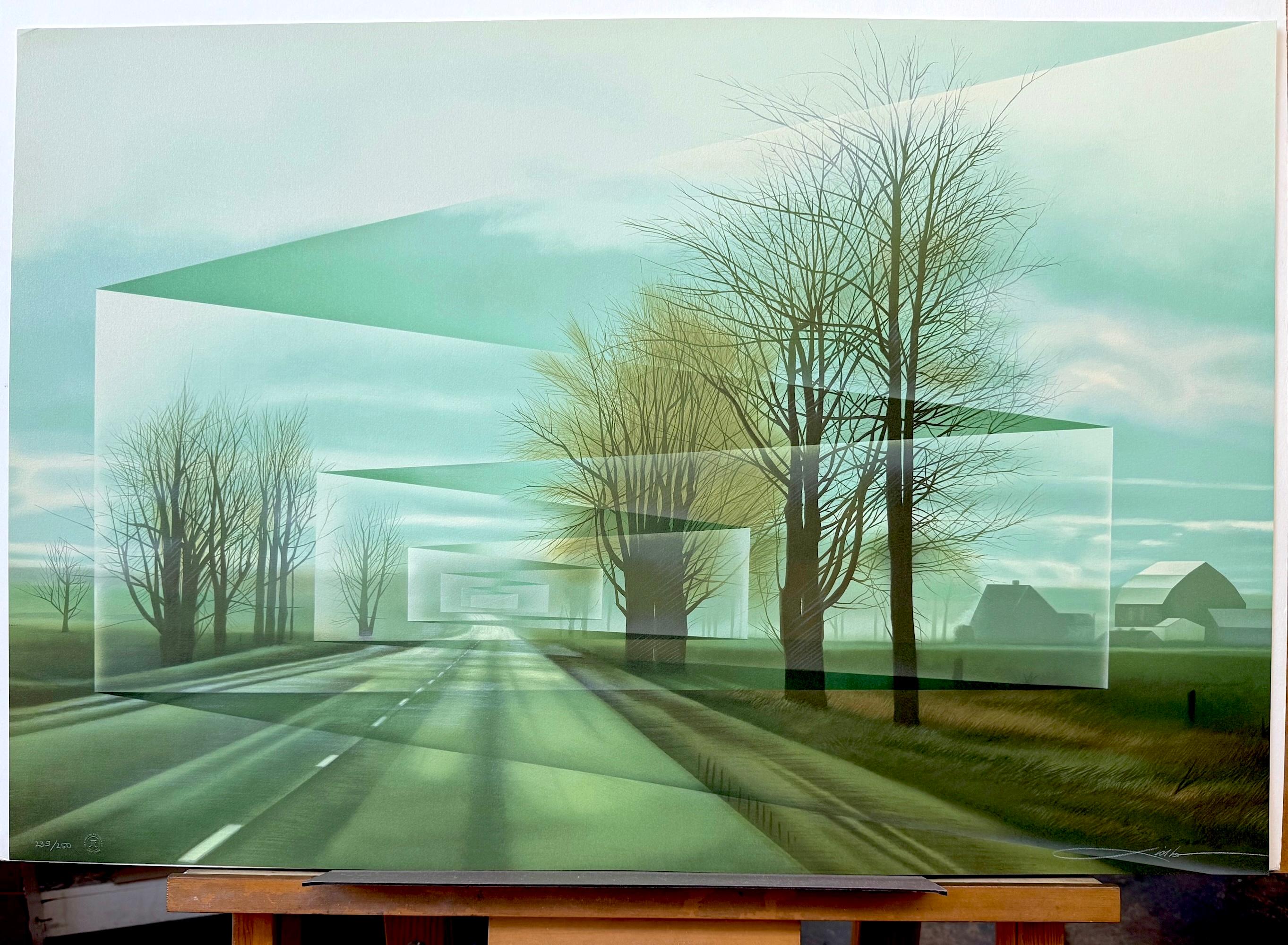 ROADS Signed Lithograph, Modern Landscape, Country Road, Trees, Farmhouse For Sale 3