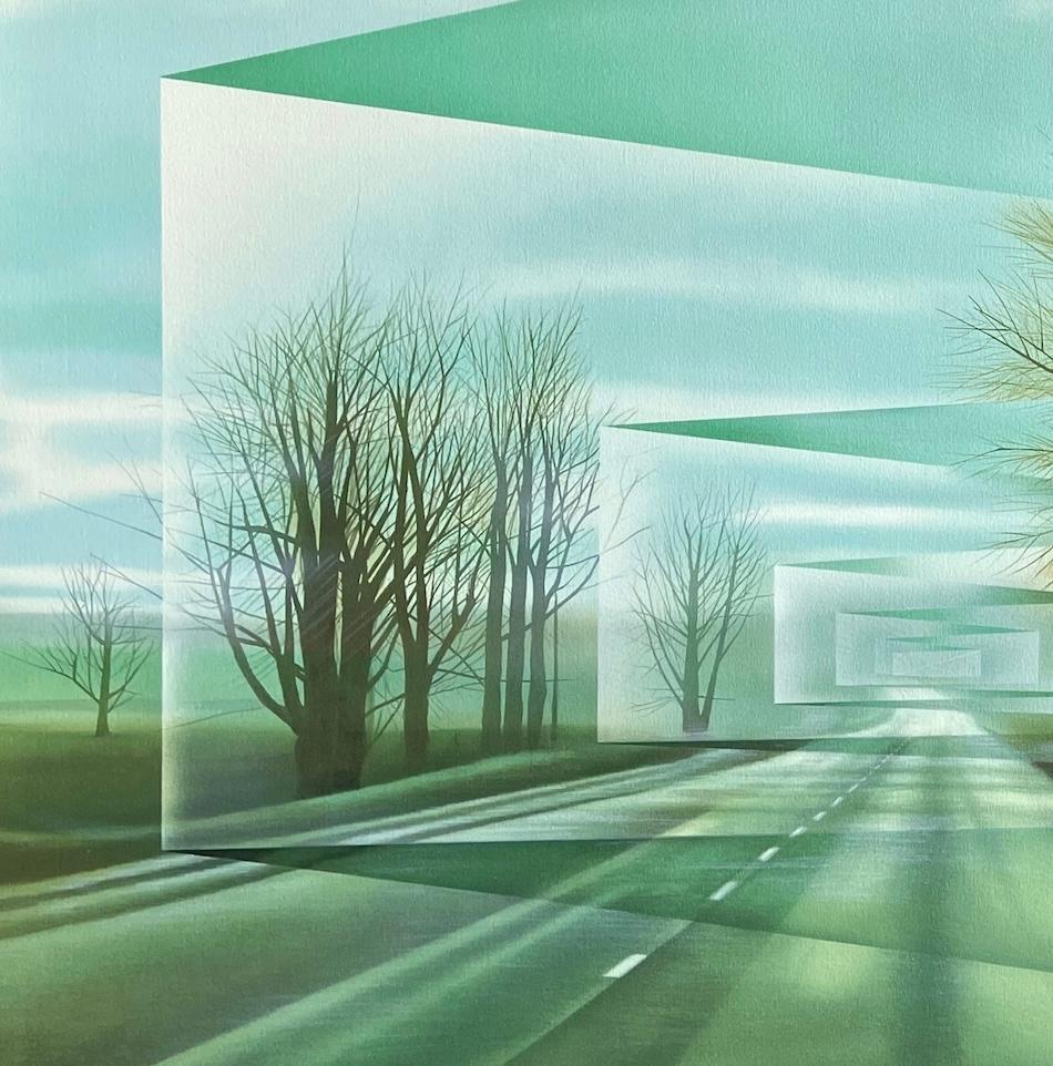 CAMINOS Litografía firmada, Paisaje moderno, Camino rural, Árboles, Granja - Print de Frank Licsko