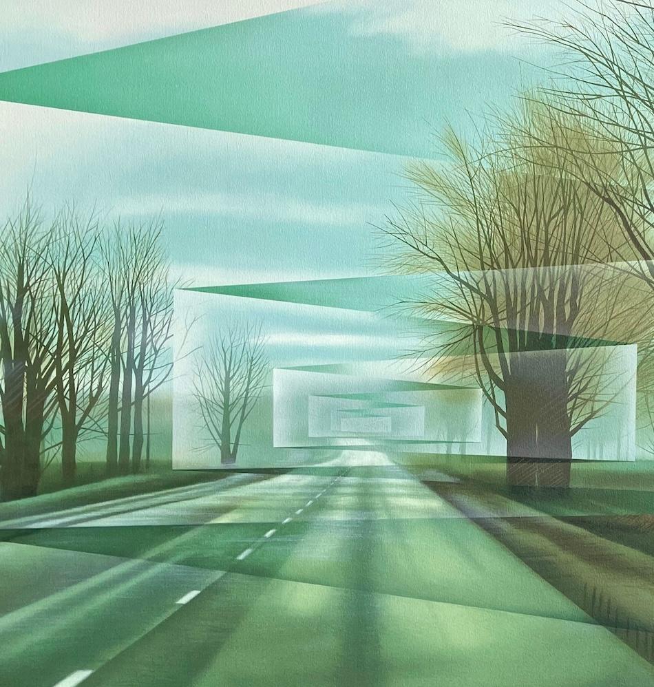 CAMINOS Litografía firmada, Paisaje moderno, Camino rural, Árboles, Granja - Print Contemporáneo de Frank Licsko