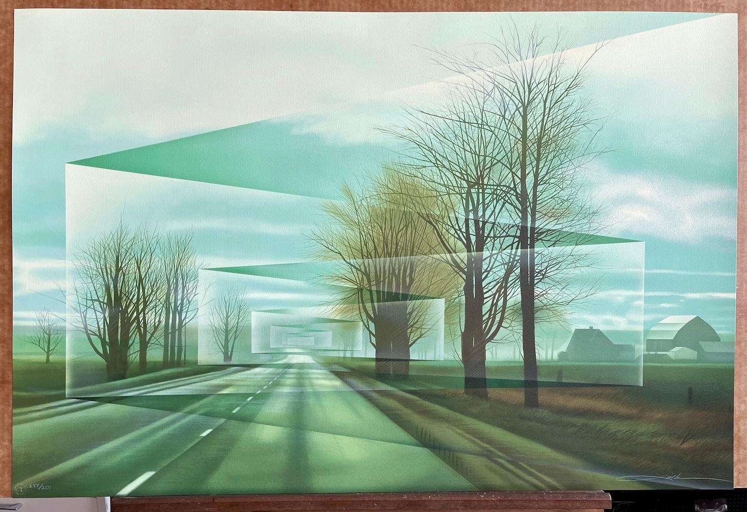 CAMINOS Litografía firmada, Paisaje moderno, Camino rural, Árboles, Granja en venta 4