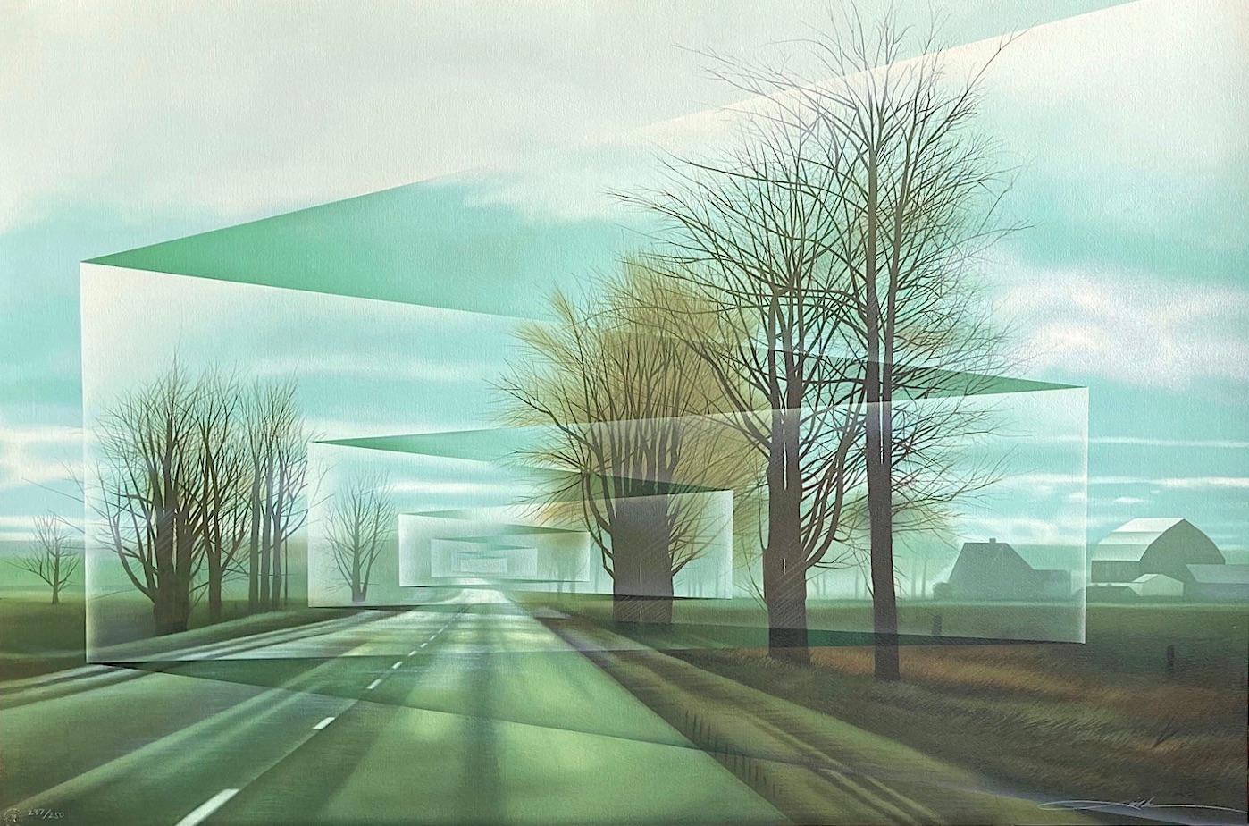 Landscape Print Frank Licsko - ROADS Lithographie signée, Modernity Landscape, Country Road, Trees, Farmhouse