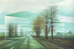 ROADS Signed Lithograph, Modern Landscape, Country Road, Trees, Farmhouse