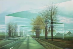 ROADS signierte Lithographie, moderne Landschaft, Landstraße, Bäume, Bauernhaus