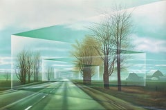 ROADS Litografia firmata, Paesaggio moderno, Strada di campagna, Alberi, Fattoria