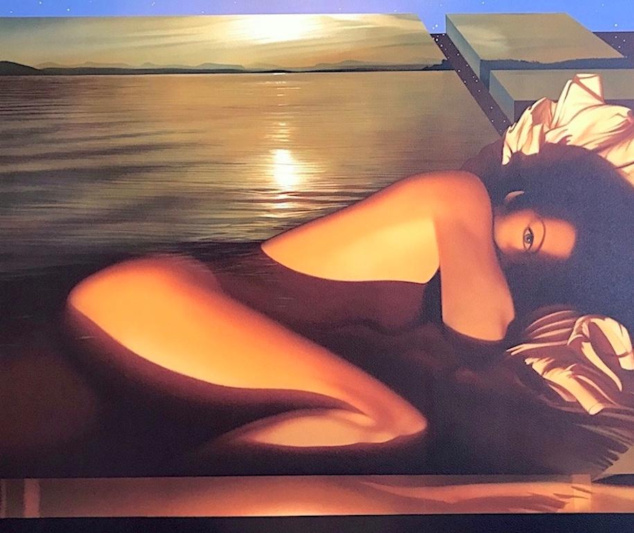 SPELLBOUND Litografía Firmada, Mujer Desnuda Reclinada, Atardecer Dorado, Arte Erótico en venta 1