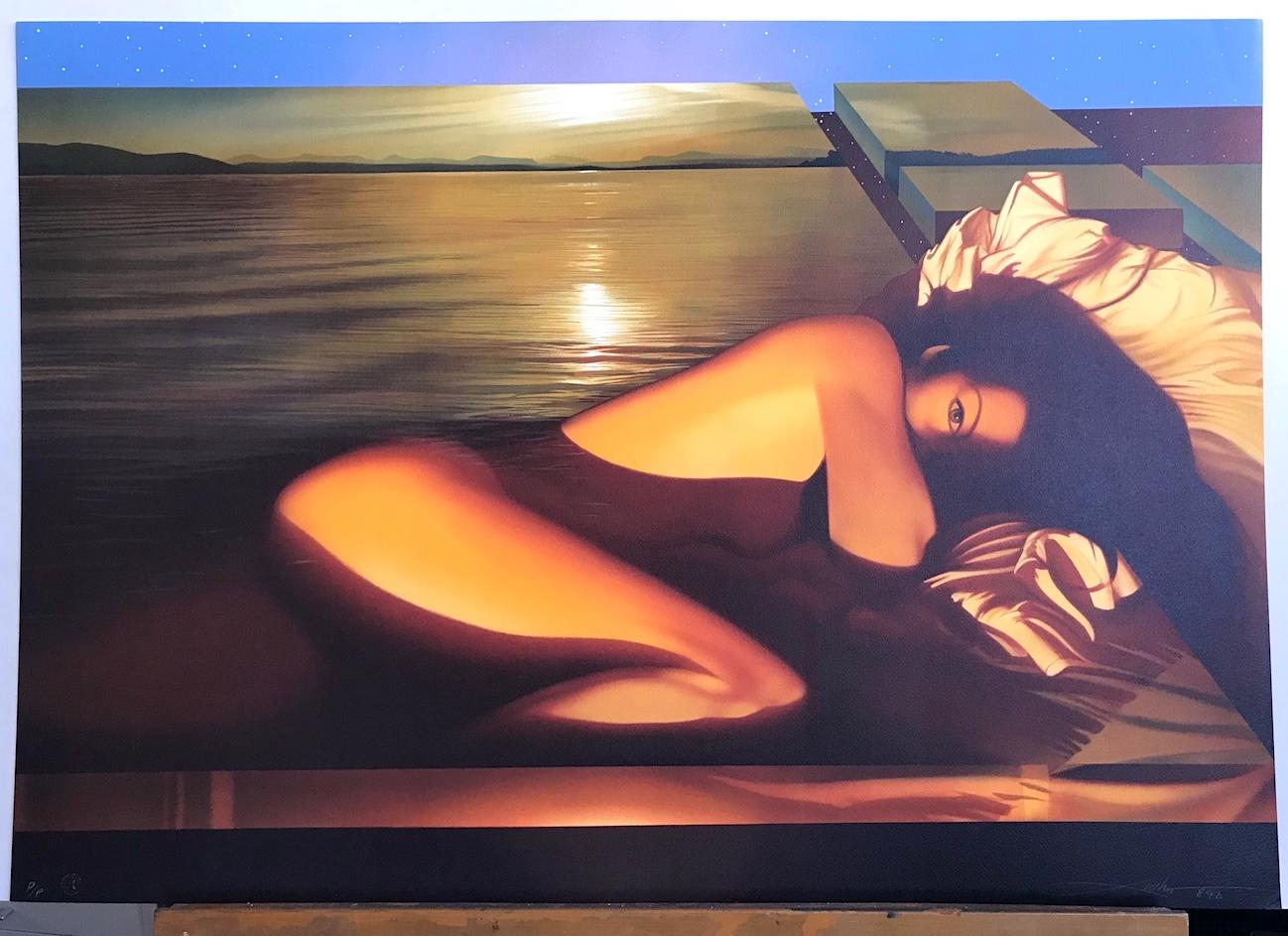 SPELLBOUND Signed Lithograph, Reclining Nude Woman, Golden Sunset, Erotic Art - Contemporary Print by Frank Licsko
