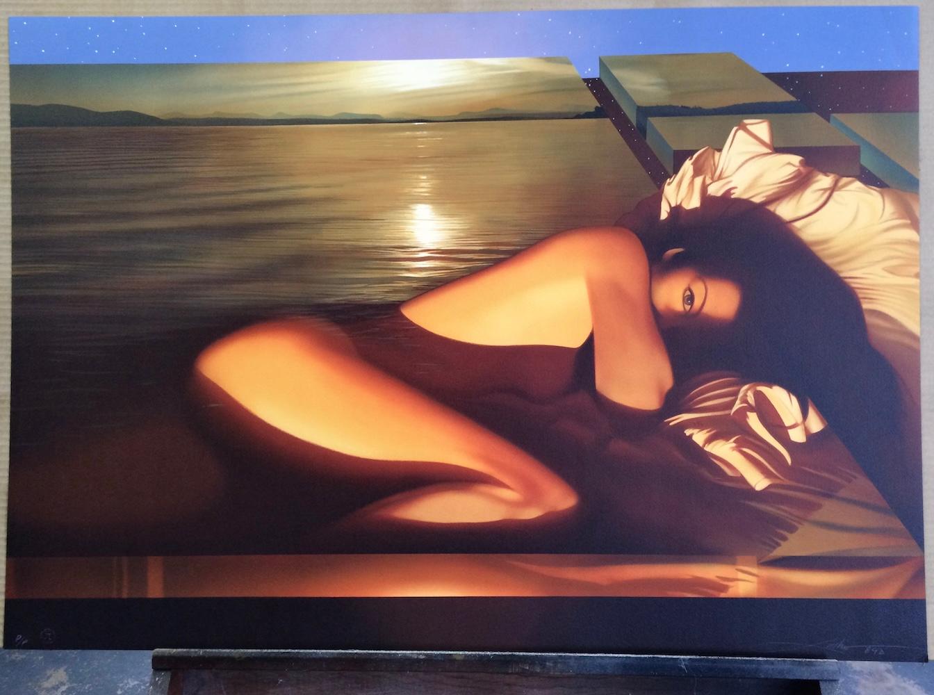SPELLBOUND Litografía Firmada, Mujer Desnuda Reclinada, Atardecer Dorado, Arte Erótico en venta 3