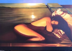 Retro SPELLBOUND Signed Lithograph, Reclining Nude Woman, Golden Sunset, Erotic Art