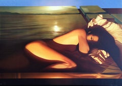 SPELLBOUND Litografía Firmada, Mujer Desnuda Reclinada, Atardecer Dorado, Arte Erótico