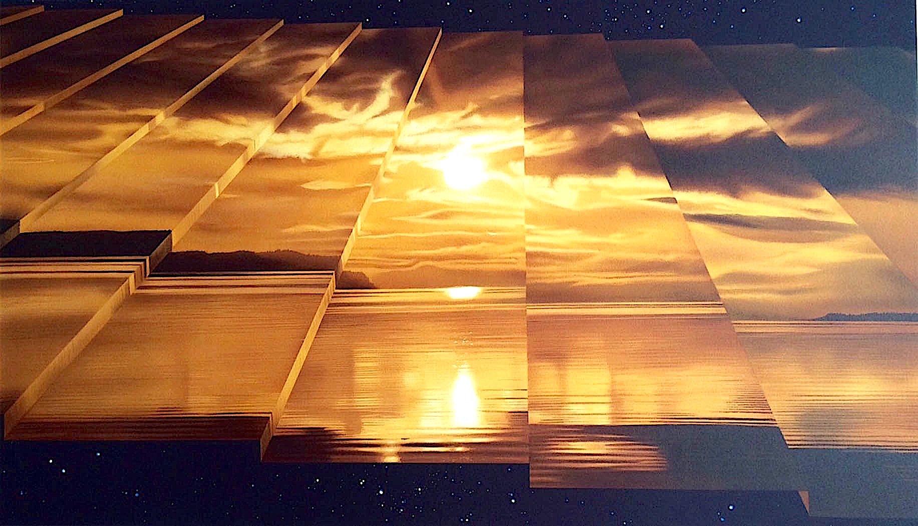 STAGGERING Signed Lithograph, Surreal Golden Sunset, Abstract Seascape